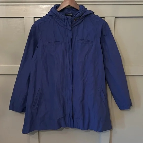 Eileen Fisher Metallic Blue A-Line Jacket Coat Stow Hood Full Zip Size Large - Picture 2 of 10